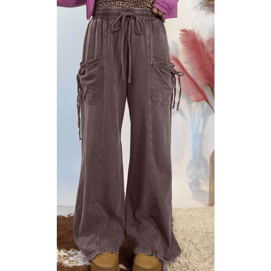 Kimbra Dark Brown Cotton Mineral Wash Elastic Waist Drawstring Tie Detail Cargo Pants