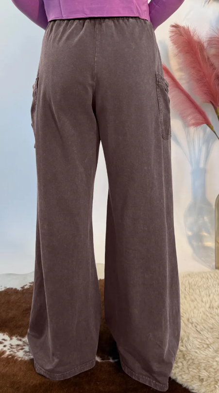 Kimbra Dark Brown Cotton Mineral Wash Elastic Waist Drawstring Tie Detail Cargo Pants