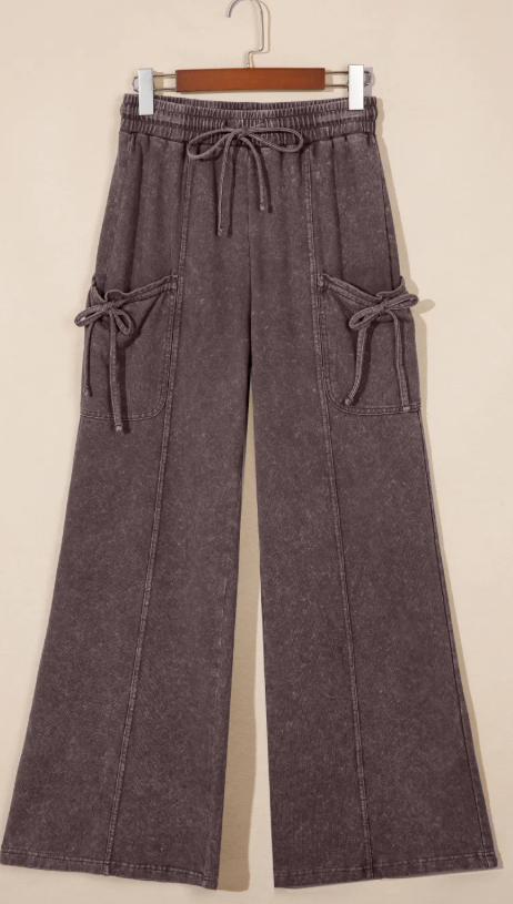 Kimbra Dark Brown Cotton Mineral Wash Elastic Waist Drawstring Tie Detail Cargo Pants