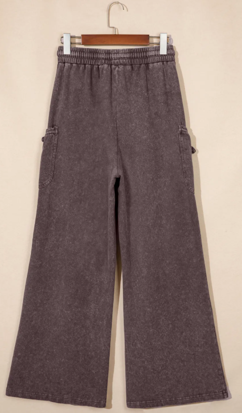 Kimbra Dark Brown Cotton Mineral Wash Elastic Waist Drawstring Tie Detail Cargo Pants