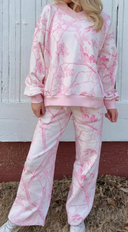 Fynn Pink Abstract Plant Print Long Sleeve V Neck Pant Set