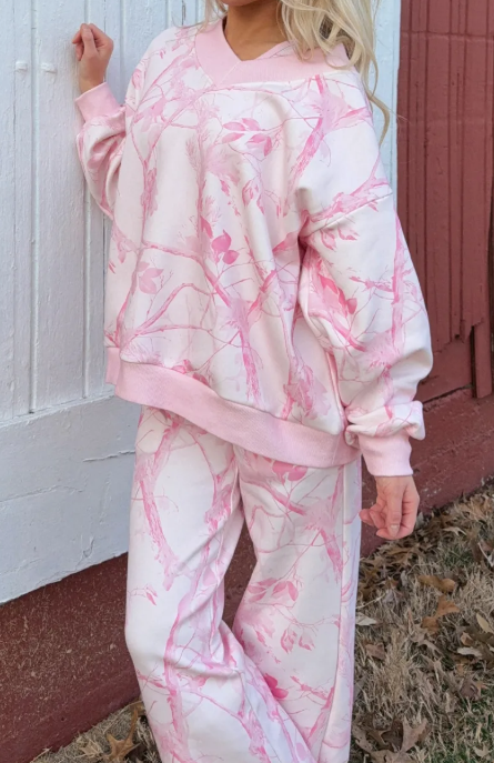 Fynn Pink Abstract Plant Print Long Sleeve V Neck Pant Set