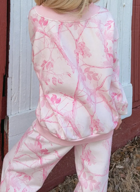 Fynn Pink Abstract Plant Print Long Sleeve V Neck Pant Set