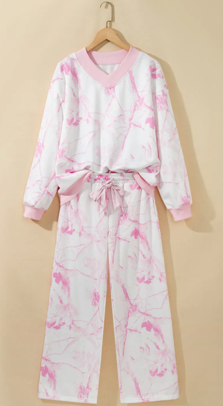 Fynn Pink Abstract Plant Print Long Sleeve V Neck Pant Set