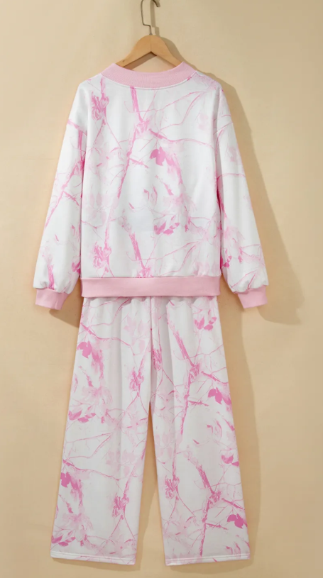 Fynn Pink Abstract Plant Print Long Sleeve V Neck Pant Set