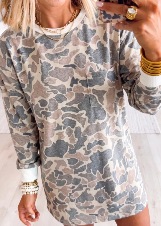 Jasma Camo Print Long Sleeve Pocket Mini Dress