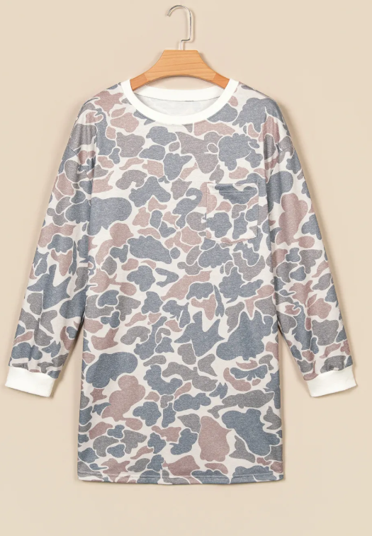 Jasma Camo Print Long Sleeve Pocket Mini Dress