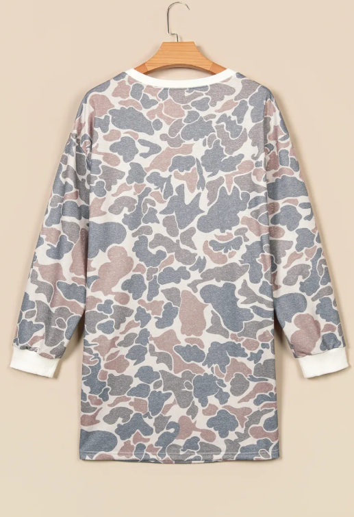 Jasma Camo Print Long Sleeve Pocket Mini Dress