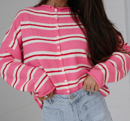 Shelbie Pink Stripe Striped Drop Shoulder Button Cardigan