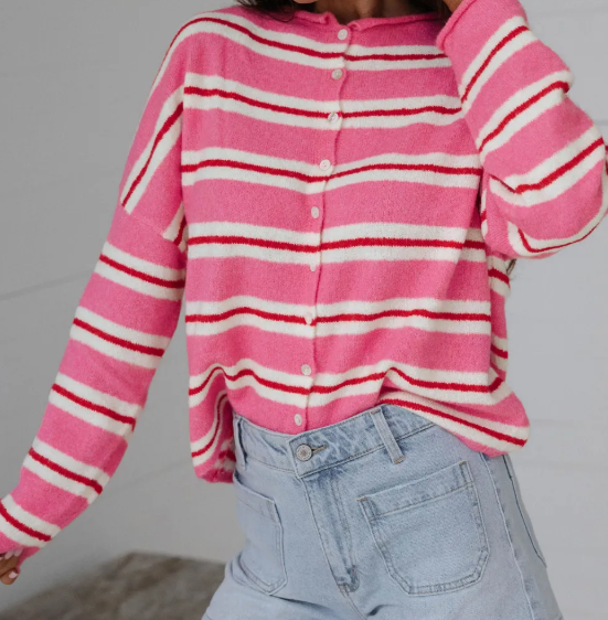 Shelbie Pink Stripe Striped Drop Shoulder Button Cardigan