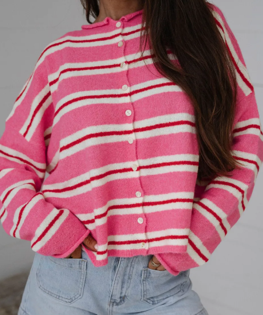 Shelbie Pink Stripe Striped Drop Shoulder Button Cardigan
