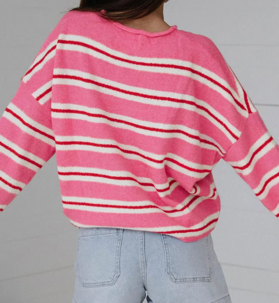 Shelbie Pink Stripe Striped Drop Shoulder Button Cardigan