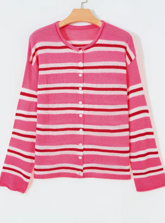 Shelbie Pink Stripe Striped Drop Shoulder Button Cardigan