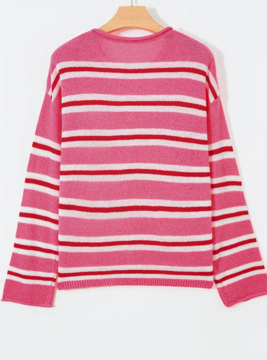 Shelbie Pink Stripe Striped Drop Shoulder Button Cardigan