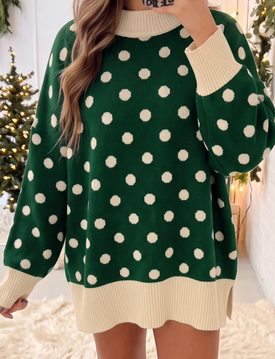 Mollie Green Polka Dot Pattern Ribbed Colorblock Trim Split Tunic Sweater