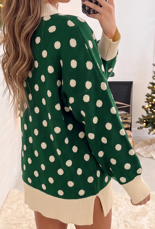 Mollie Green Polka Dot Pattern Ribbed Colorblock Trim Split Tunic Sweater