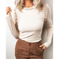 Prudence Beige Round Neck Frill Detail Long Sleeve Top