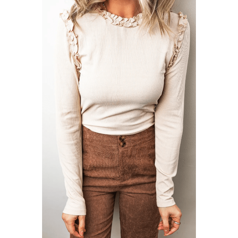 Prudence Beige Round Neck Frill Detail Long Sleeve Top