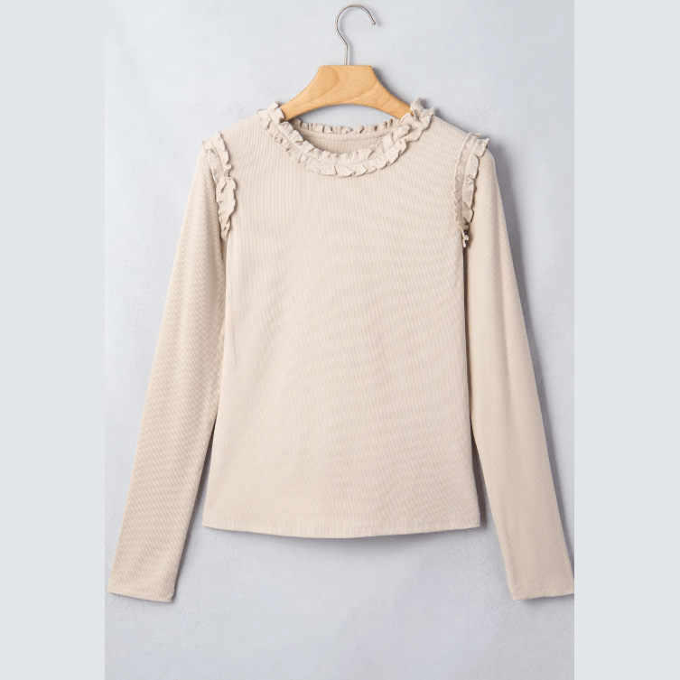 Prudence Beige Round Neck Frill Detail Long Sleeve Top