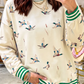 Stassia Duck Print Striped Trim Cuffs Round Neck Casual Sweatshirt