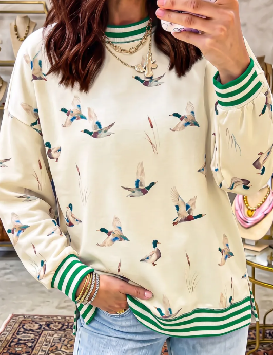 Stassia Duck Print Striped Trim Cuffs Round Neck Casual Sweatshirt