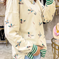 Stassia Duck Print Striped Trim Cuffs Round Neck Casual Sweatshirt