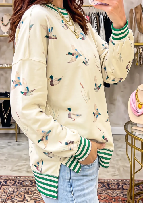 Stassia Duck Print Striped Trim Cuffs Round Neck Casual Sweatshirt