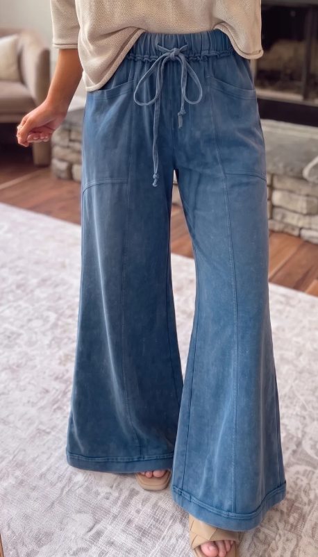 Velma Blue Mineral Wash Seam Detail Flare Leg Drawstring Pants