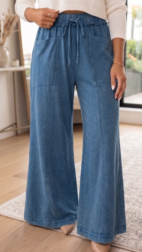 Velma Blue Mineral Wash Seam Detail Flare Leg Drawstring Pants
