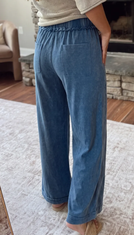 Velma Blue Mineral Wash Seam Detail Flare Leg Drawstring Pants