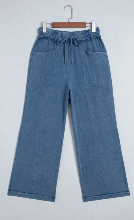 Velma Blue Mineral Wash Seam Detail Flare Leg Drawstring Pants