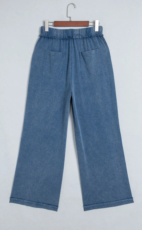 Velma Blue Mineral Wash Seam Detail Flare Leg Drawstring Pants