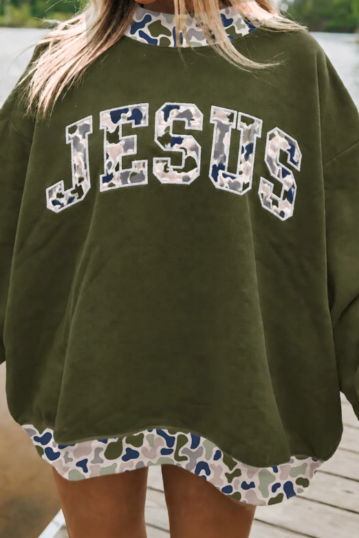 Jesus Four Leaf Clover Western Contrast Detail Letter Graphic Baggy Sweatshirt
