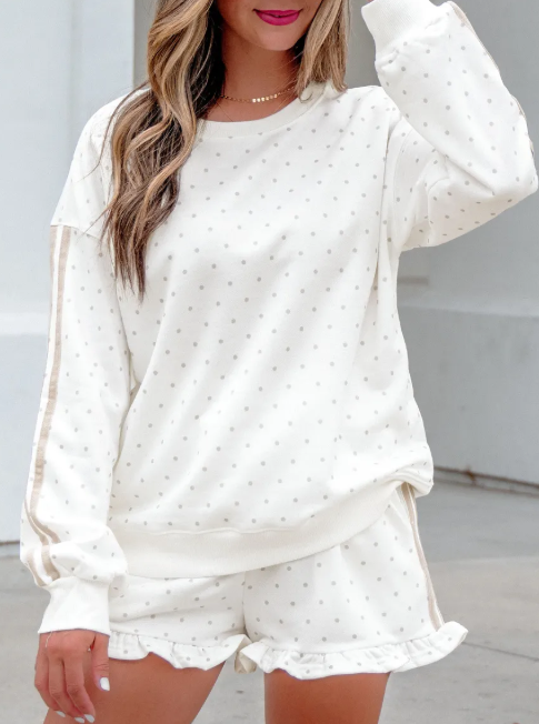 Ameera White Polka Dot Print Side Stripe Detail Casual Sweatshirt 2pcs Short Set
