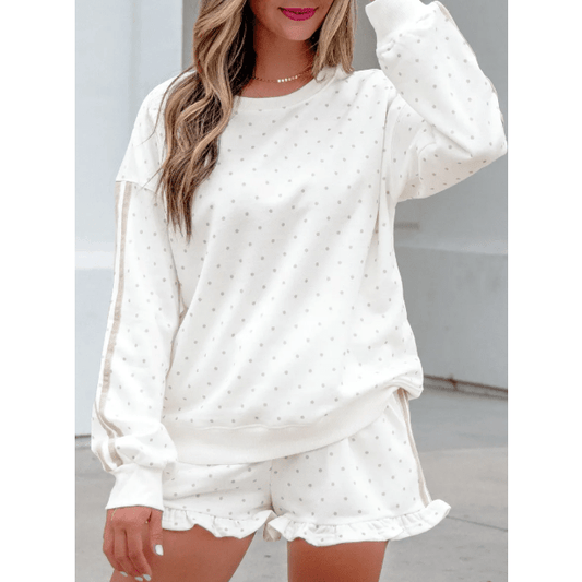Ameera White Polka Dot Print Side Stripe Detail Casual Sweatshirt 2pcs Short Set