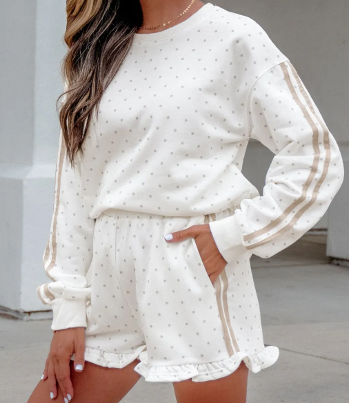 Ameera White Polka Dot Print Side Stripe Detail Casual Sweatshirt 2pcs Short Set