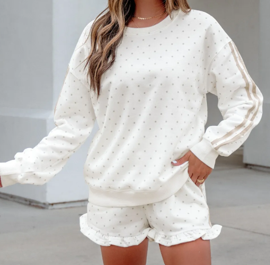 Ameera White Polka Dot Print Side Stripe Detail Casual Sweatshirt 2pcs Short Set