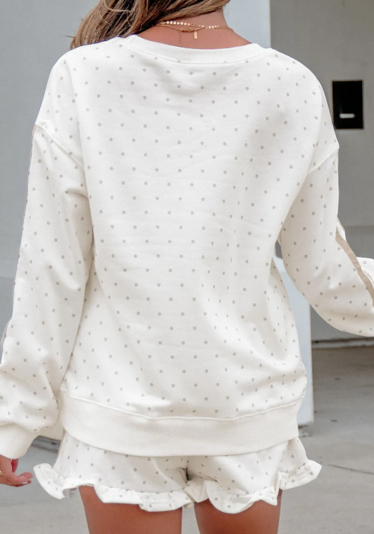 Ameera White Polka Dot Print Side Stripe Detail Casual Sweatshirt 2pcs Short Set