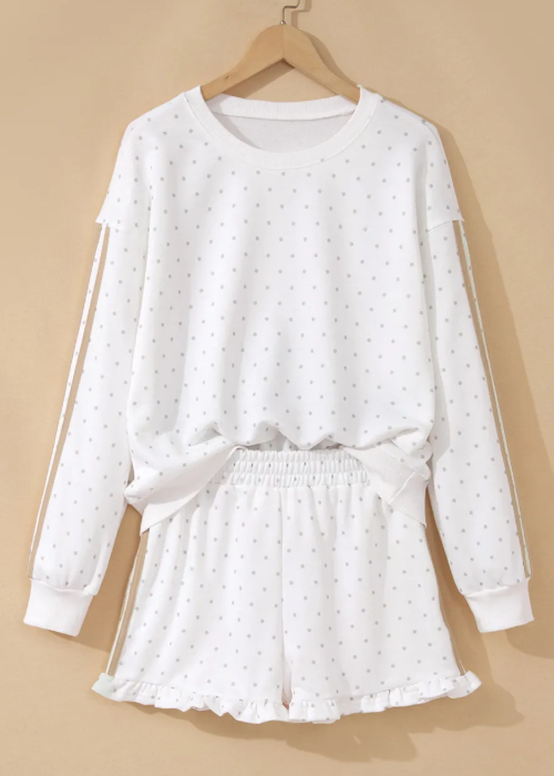 Ameera White Polka Dot Print Side Stripe Detail Casual Sweatshirt 2pcs Short Set
