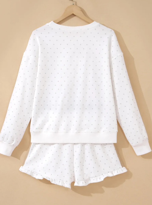 Ameera White Polka Dot Print Side Stripe Detail Casual Sweatshirt 2pcs Short Set