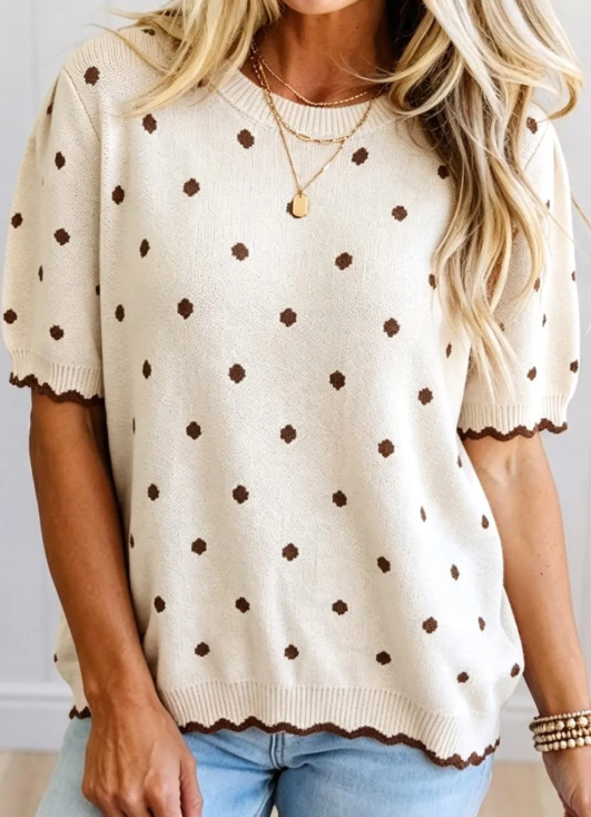 Catrina Beige Casual Polka Dot Short Sleeve Round Neck Shift Sweater