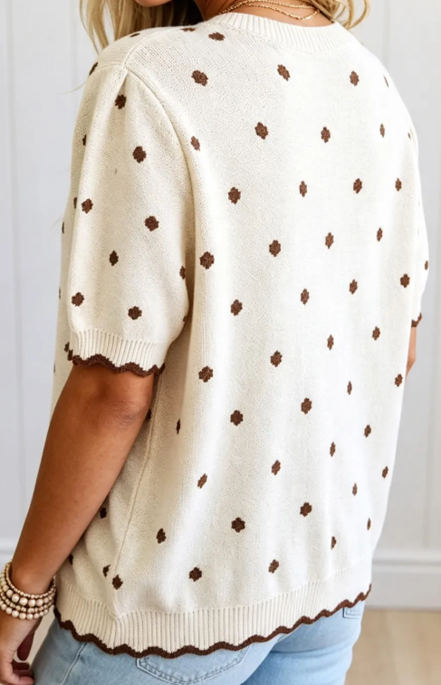 Catrina Beige Casual Polka Dot Short Sleeve Round Neck Shift Sweater