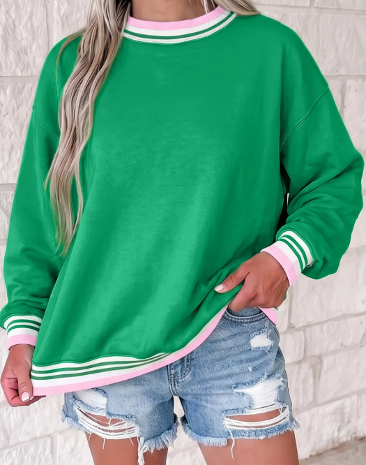 Fallon Green Contrast Striped Trim Baggy Pullover Sweatshirt