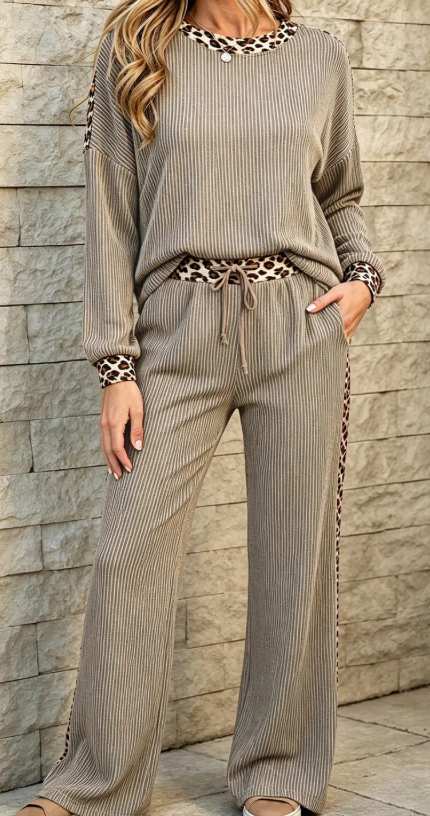 Kenlie Taupe Ribbed Patchwork Polka Dot Trim Long Sleeve 2pcs Pant Set