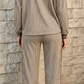 Kenlie Taupe Ribbed Patchwork Polka Dot Trim Long Sleeve 2pcs Pant Set
