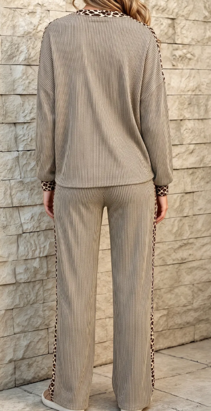 Kenlie Taupe Ribbed Patchwork Polka Dot Trim Long Sleeve 2pcs Pant Set