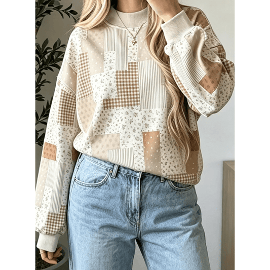 Wanda Khaki Patchwork Floral Print Mock Neck Long Sleeve Sweatshirt