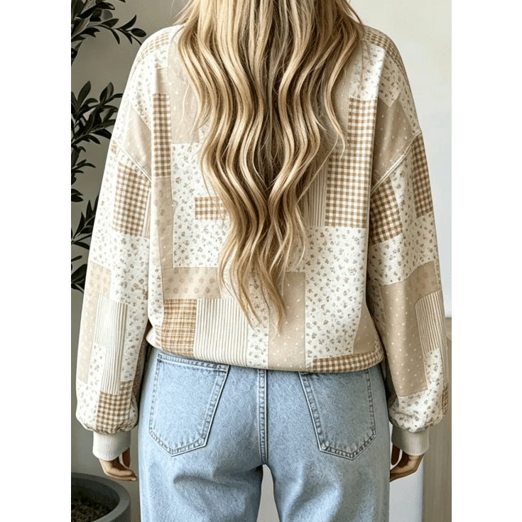 Wanda Khaki Patchwork Floral Print Mock Neck Long Sleeve Sweatshirt