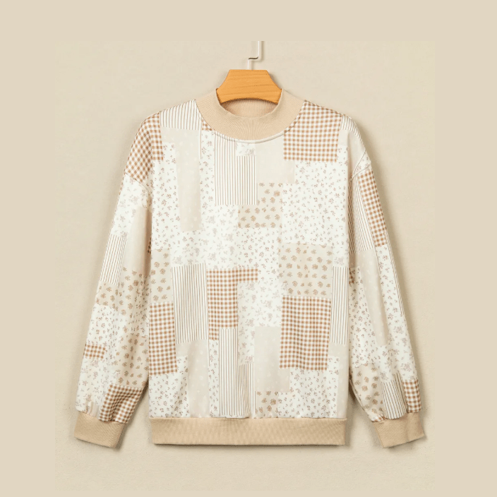 Wanda Khaki Patchwork Floral Print Mock Neck Long Sleeve Sweatshirt