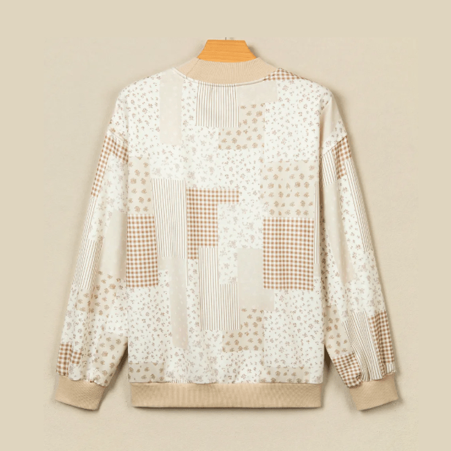 Wanda Khaki Patchwork Floral Print Mock Neck Long Sleeve Sweatshirt
